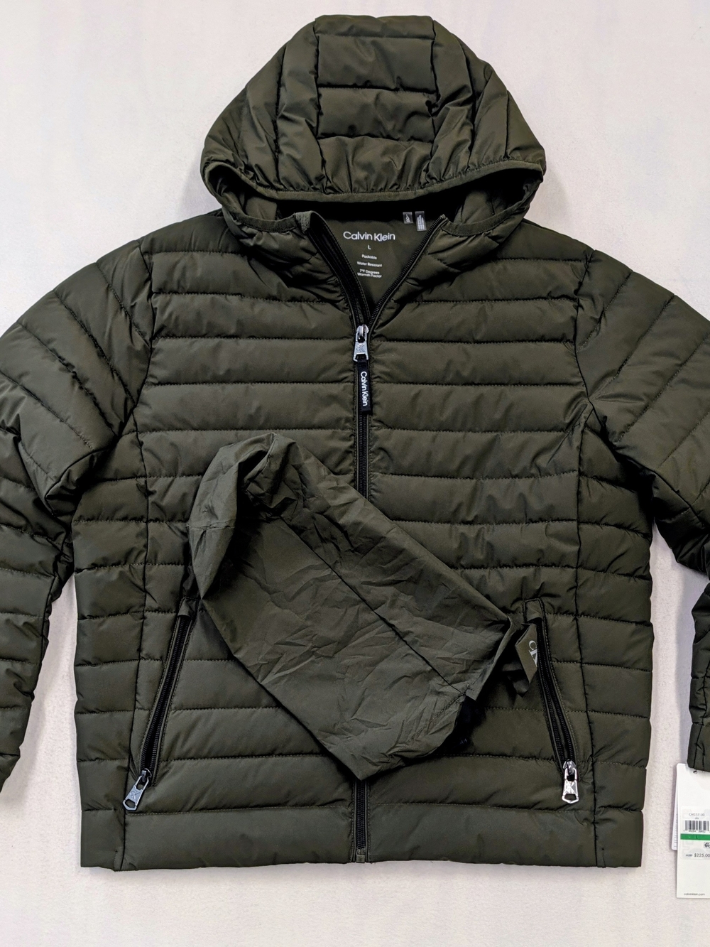 Calvin Klein Men’s Olive Green Hooded Quilted Packable Jacket NWT L